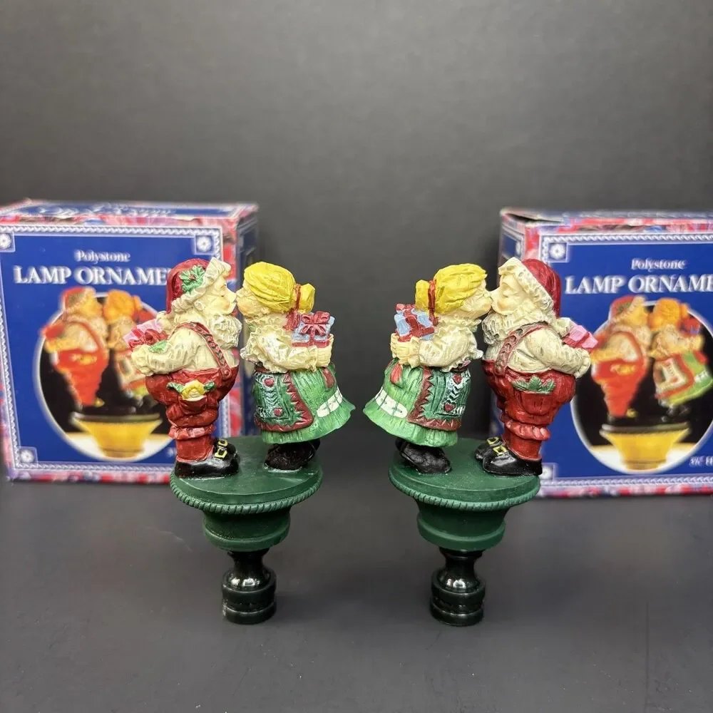 2 Vintage Christmas Lamp Finials Santa & Mrs. Claus Sneaking A Kiss!